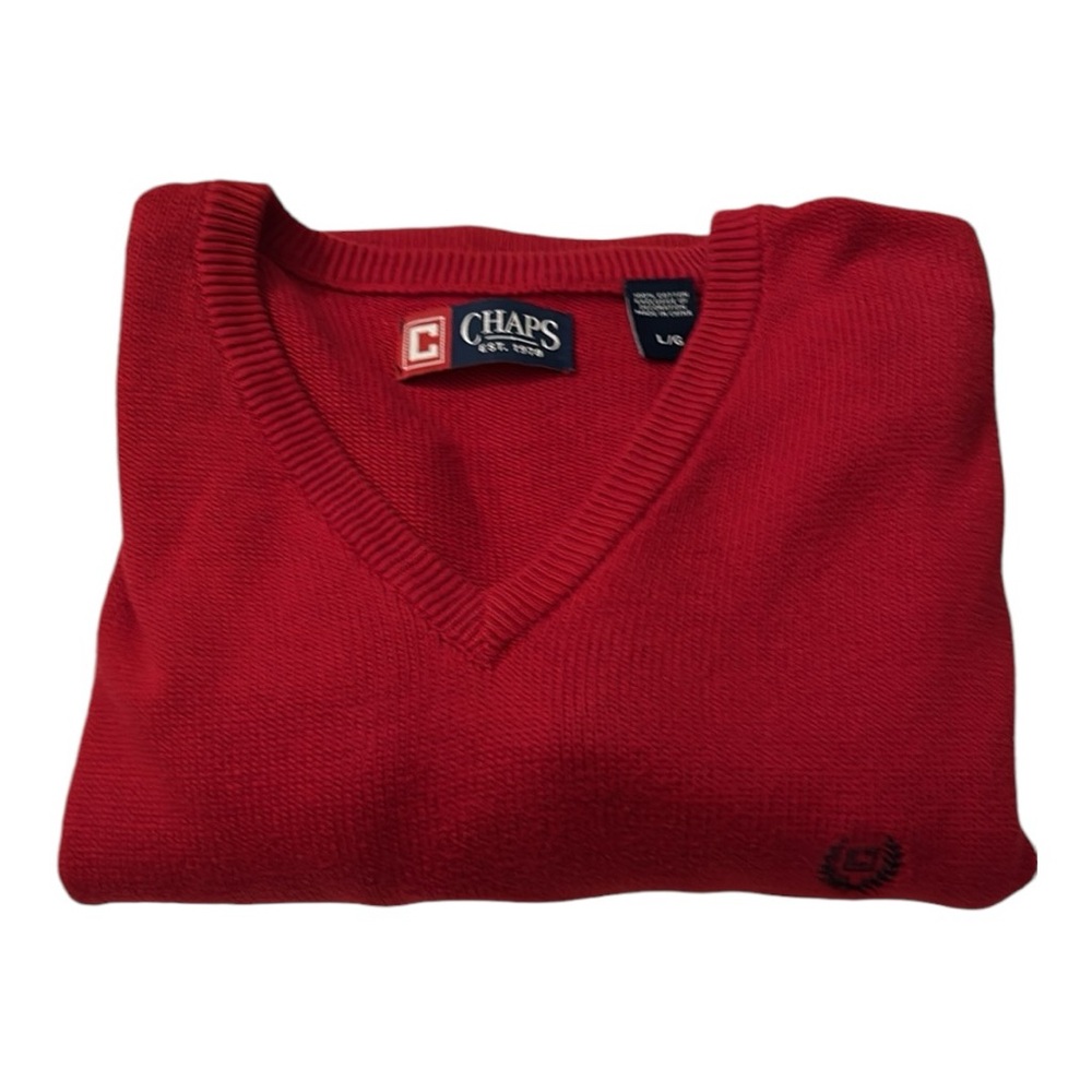 CHAPS Men’s V-Neck Red Knit Pullover Sweater Sz-LARGE - Picture 2 of 6